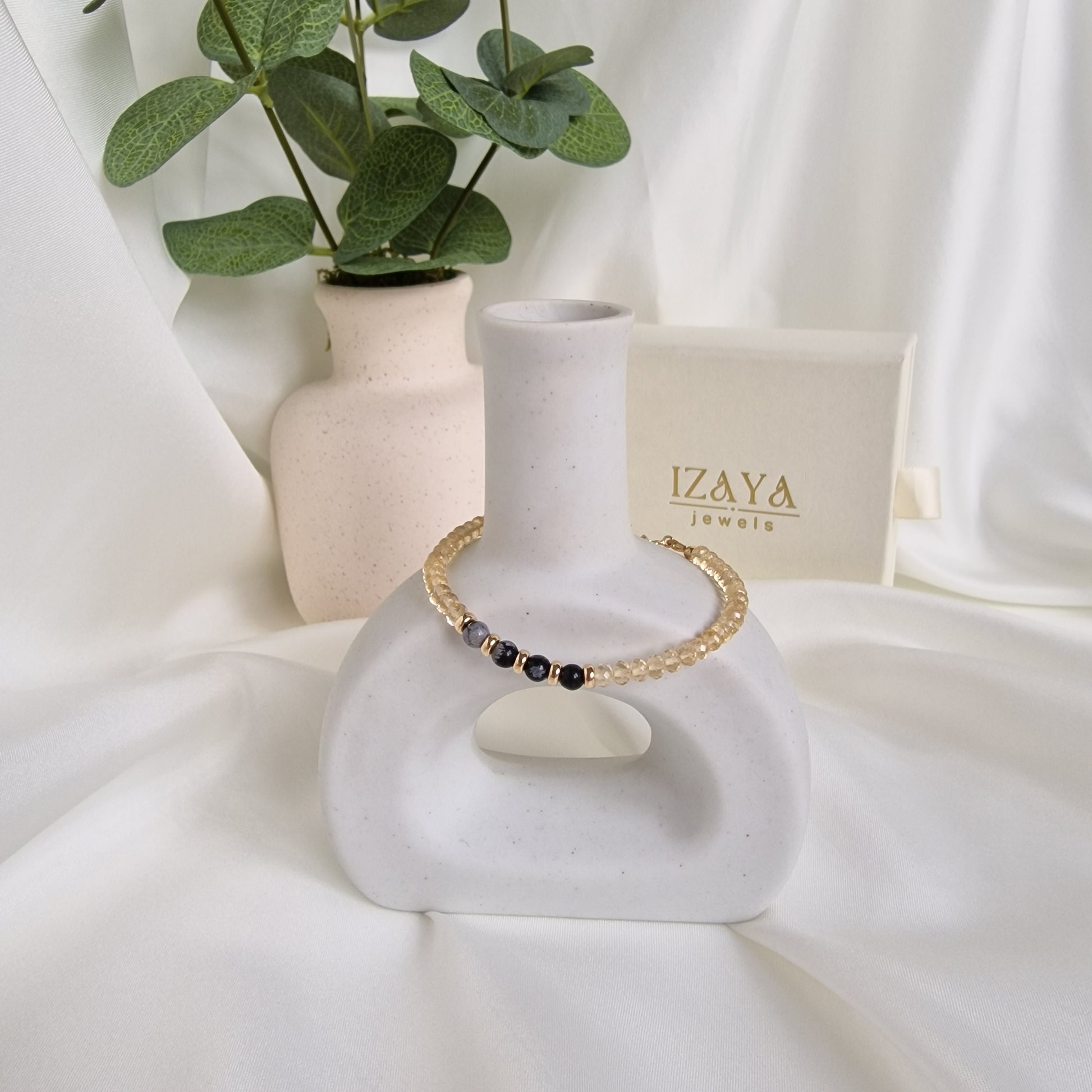 citrine and obsidian bracelet with gold-filled beads and findings