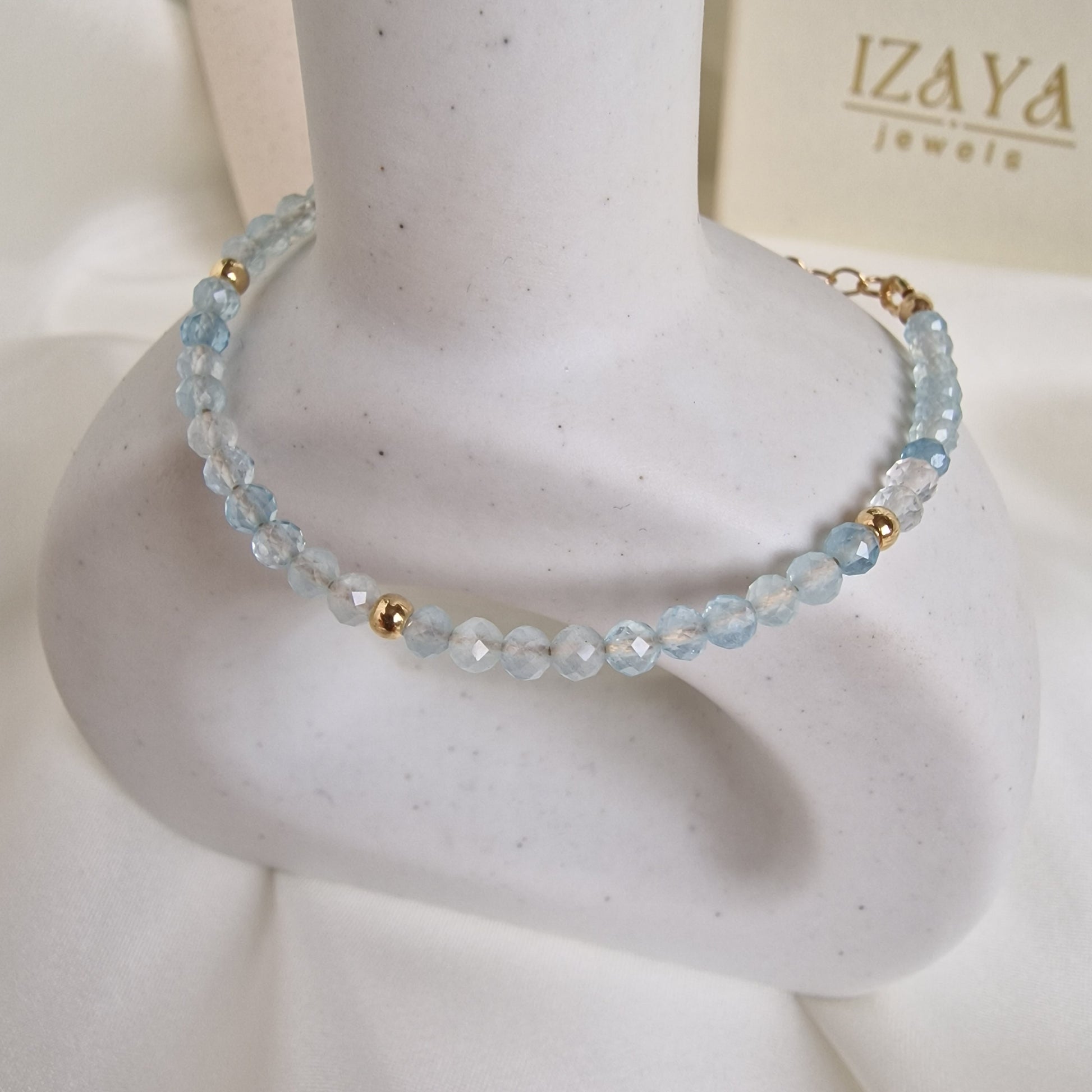 Aquamarine gemstone bracelet with gold filled chain – handmade jewellery by Izaya Jewels