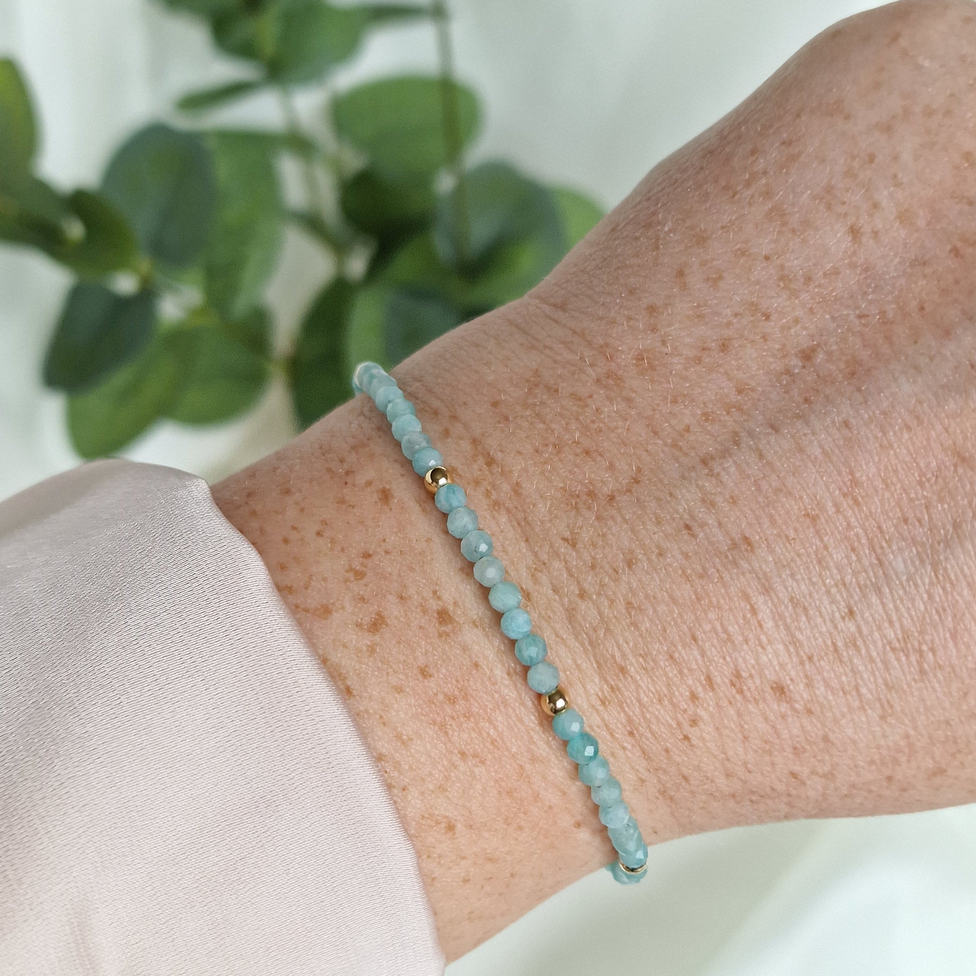 Turquoise beaded bracelet on a wrist with a blurred green plant in the background