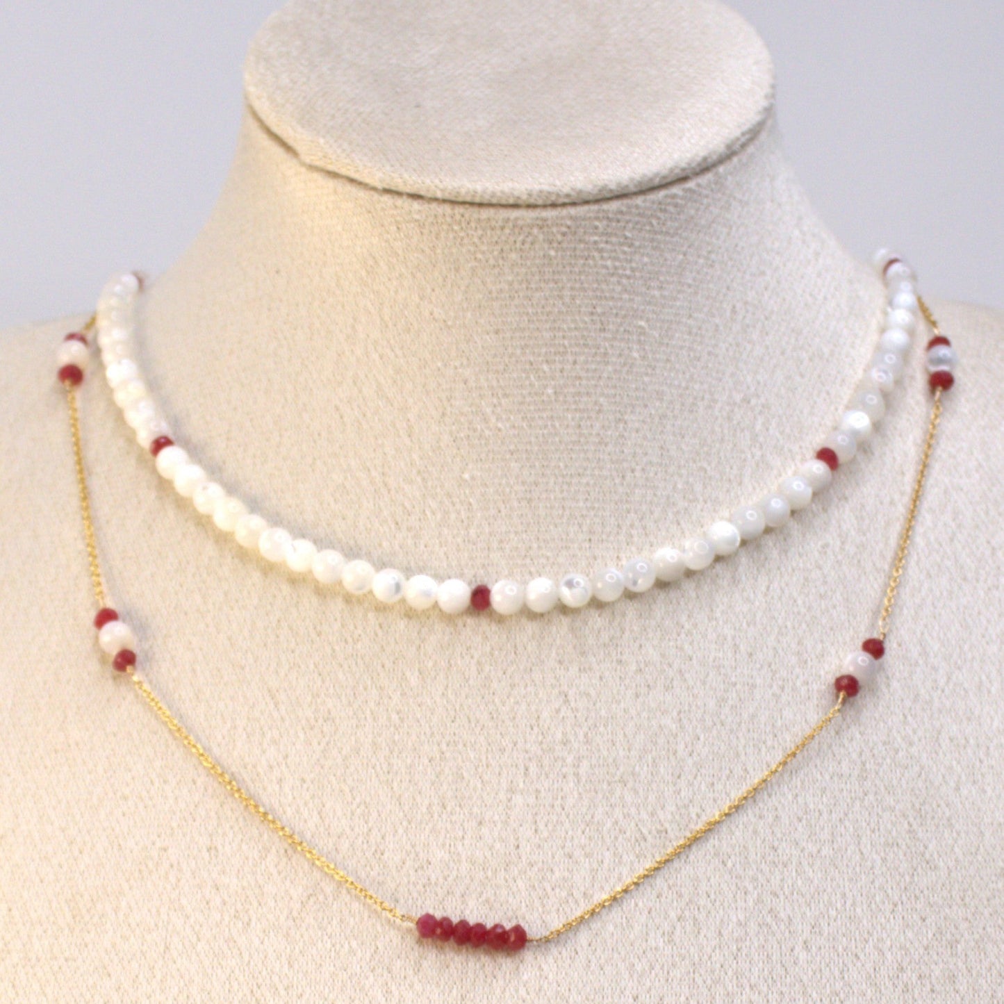 Mother of Pearl & Ruby Double Layer Necklace – 14ct Gold-Filled