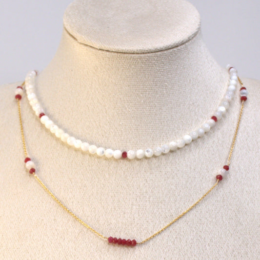 Mother of Pearl & Ruby Double Layer Necklace – 14ct Gold-Filled