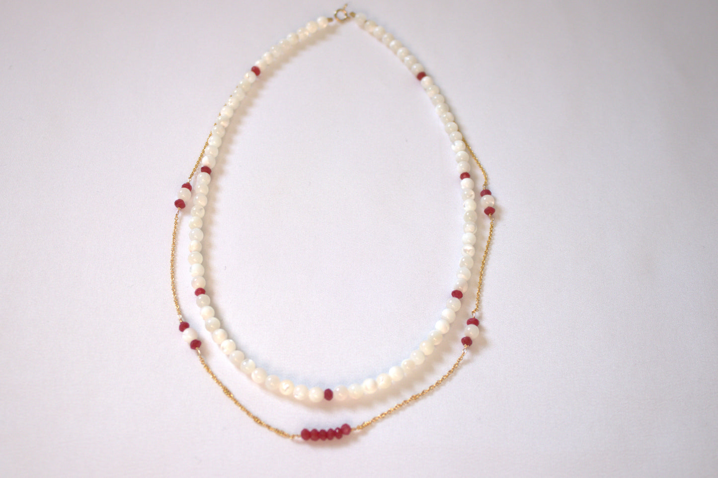 Mother of Pearl & Ruby Double Layer Necklace – 14ct Gold-Filled