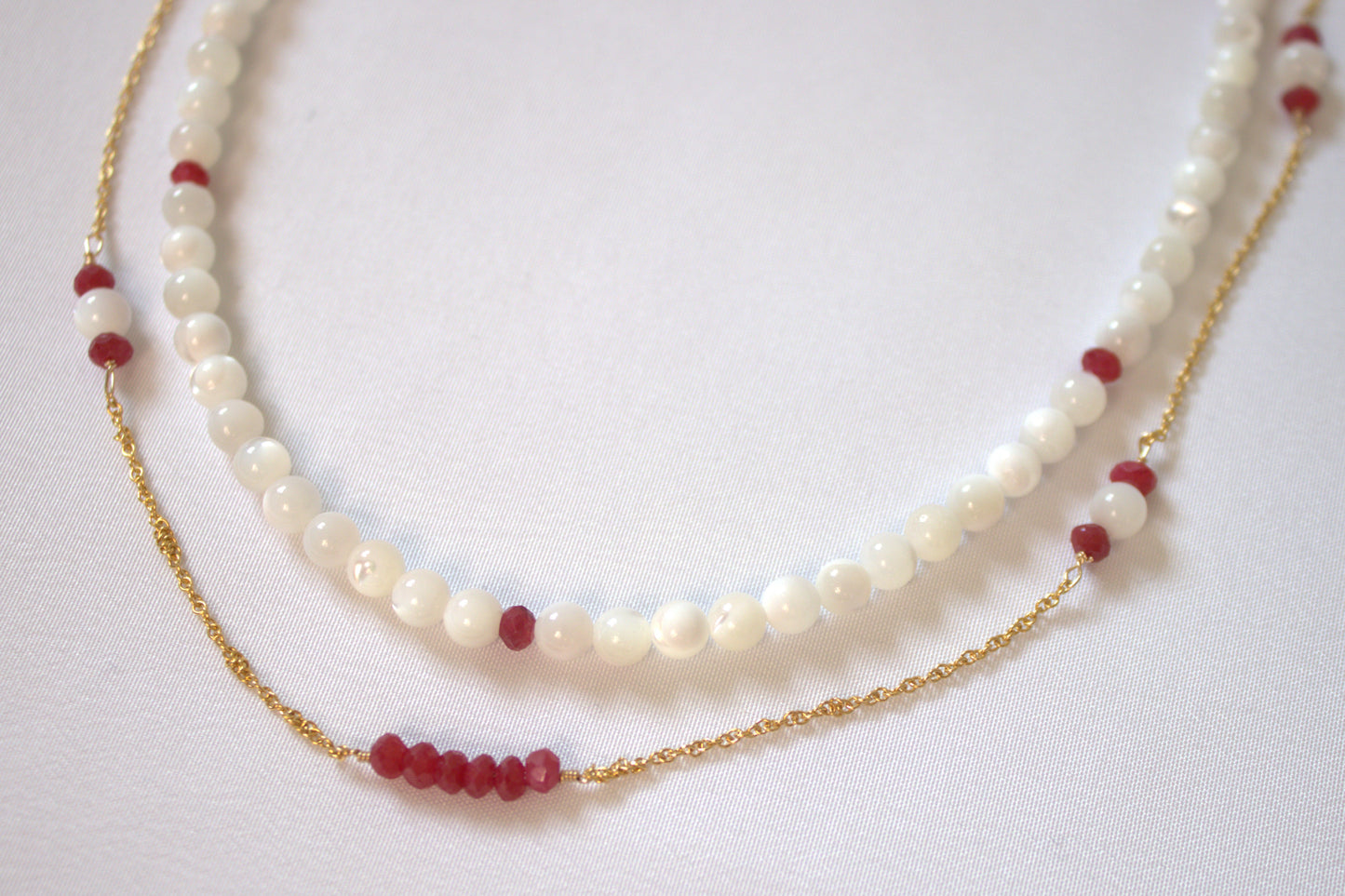 Mother of Pearl & Ruby Double Layer Necklace – 14ct Gold-Filled