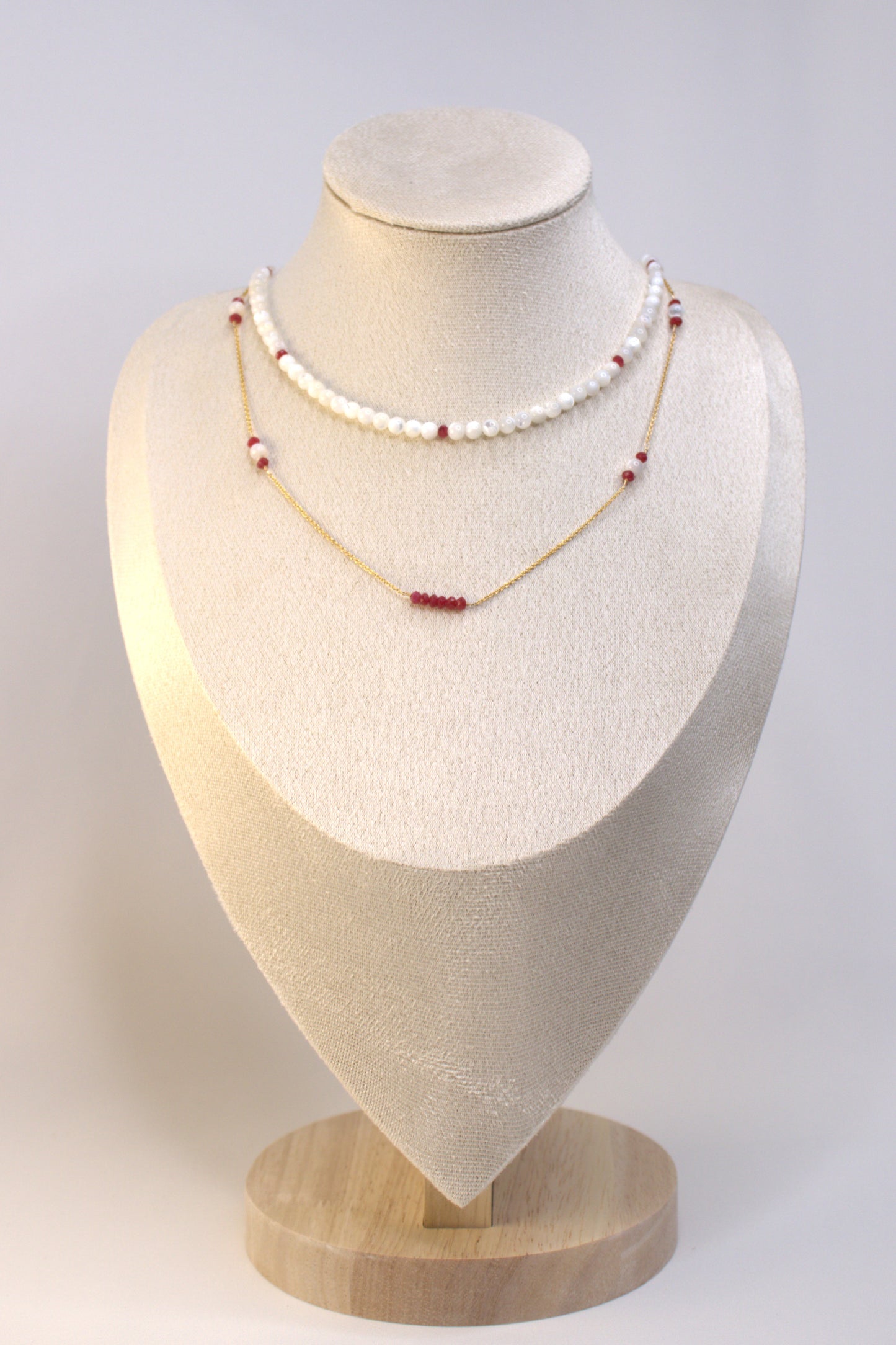 Mother of Pearl & Ruby Double Layer Necklace – 14ct Gold-Filled